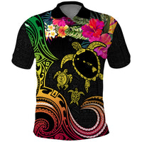 Hawaii Turtle Day Polo Shirt Polynesian Tattoo and Hibiscus Flowers