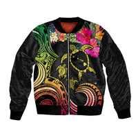 Hawaii Turtle Day Sleeve Zip Bomber Jacket Polynesian Tattoo and Hibiscus Flowers