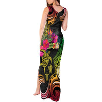 Hawaii Turtle Day Tank Maxi Dress Polynesian Tattoo and Hibiscus Flowers