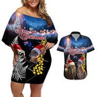New Zealand and Australia Merry Christmas Couples Matching Off Shoulder Short Dress and Hawaiian Shirt Kiwi Bird and Kangaroo Xmas Vibe LT03 Black - Polynesian Pride