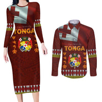 Tonga Independence Day Couples Matching Long Sleeve Bodycon Dress and Long Sleeve Button Shirt National Flag and Emblem with Ngatu Art Pattern