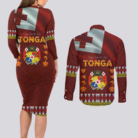 Tonga Independence Day Couples Matching Long Sleeve Bodycon Dress and Long Sleeve Button Shirt National Flag and Emblem with Ngatu Art Pattern
