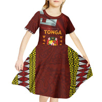 Tonga Independence Day Kid Short Sleeve Dress National Flag and Emblem with Ngatu Art Pattern