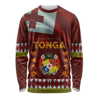 Tonga Independence Day Long Sleeve Shirt National Flag and Emblem with Ngatu Art Pattern
