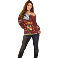 Tonga Independence Day Off Shoulder Sweater National Flag and Emblem with Ngatu Art Pattern