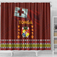 Tonga Independence Day Shower Curtain National Flag and Emblem with Ngatu Art Pattern