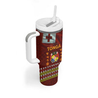 Tonga Independence Day Tumbler With Handle National Flag and Emblem with Ngatu Art Pattern