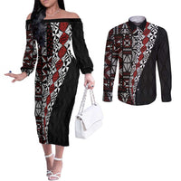 Tonga Ngatu Art Tattoo Polynesian Couples Matching Off The Shoulder Long Sleeve Dress and Long Sleeve Button Shirt