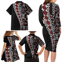 Tonga Ngatu Art Tattoo Polynesian Family Matching Long Sleeve Bodycon Dress and Hawaiian Shirt