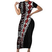 Tonga Ngatu Art Tattoo Polynesian Short Sleeve Bodycon Dress LT03 Long Dress Black - Polynesian Pride