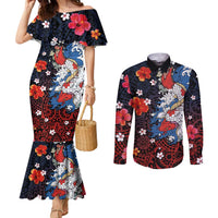 Hawaiian and Japanese Together Couples Matching Mermaid Dress and Long Sleeve Button Shirt Hibiscus and Koi Fish Polynesian Pattern Colorful Style