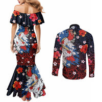 Hawaiian and Japanese Together Couples Matching Mermaid Dress and Long Sleeve Button Shirt Hibiscus and Koi Fish Polynesian Pattern Colorful Style