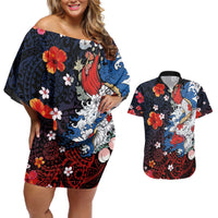 Hawaiian and Japanese Together Couples Matching Off Shoulder Short Dress and Hawaiian Shirt Hibiscus and Koi Fish Polynesian Pattern Colorful Style