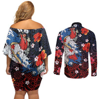 Hawaiian and Japanese Together Couples Matching Off Shoulder Short Dress and Long Sleeve Button Shirt Hibiscus and Koi Fish Polynesian Pattern Colorful Style