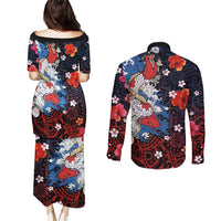 Hawaiian and Japanese Together Couples Matching Puletasi and Long Sleeve Button Shirt Hibiscus and Koi Fish Polynesian Pattern Colorful Style