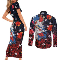 Hawaiian and Japanese Together Couples Matching Short Sleeve Bodycon Dress and Long Sleeve Button Shirt Hibiscus and Koi Fish Polynesian Pattern Colorful Style