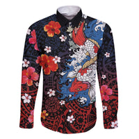 Hawaiian and Japanese Together Family Matching Off The Shoulder Long Sleeve Dress and Hawaiian Shirt Hibiscus and Koi Fish Polynesian Pattern Colorful Style