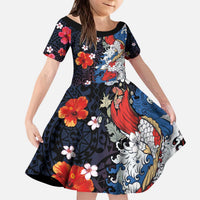 Hawaiian and Japanese Together Kid Short Sleeve Dress Hibiscus and Koi Fish Polynesian Pattern Colorful Style LT03 KID Red - Polynesian Pride