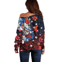 Hawaiian and Japanese Together Off Shoulder Sweater Hibiscus and Koi Fish Polynesian Pattern Colorful Style