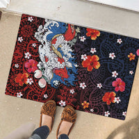Hawaiian and Japanese Together Rubber Doormat Hibiscus and Koi Fish Polynesian Pattern Colorful Style