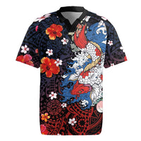 Hawaiian and Japanese Together Rugby Jersey Hibiscus and Koi Fish Polynesian Pattern Colorful Style