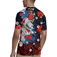 Hawaiian and Japanese Together Rugby Jersey Hibiscus and Koi Fish Polynesian Pattern Colorful Style