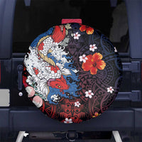Hawaiian and Japanese Together Spare Tire Cover Hibiscus and Koi Fish Polynesian Pattern Colorful Style