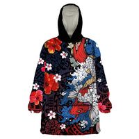 Hawaiian and Japanese Together Wearable Blanket Hoodie Hibiscus and Koi Fish Polynesian Pattern Colorful Style LT03 One Size Red - Polynesian Pride
