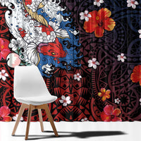 Hawaiian and Japanese Together Window Curtain Hibiscus and Koi Fish Polynesian Pattern Colorful Style