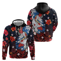 Hawaiian and Japanese Together Zip Hoodie Hibiscus and Koi Fish Polynesian Pattern Colorful Style