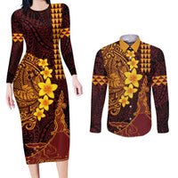 Hawaii Volcano Couples Matching Long Sleeve Bodycon Dress and Long Sleeve Button Shirt Polynesian and Kakau Pattern
