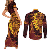 Hawaii Volcano Couples Matching Short Sleeve Bodycon Dress and Long Sleeve Button Shirt Polynesian and Kakau Pattern
