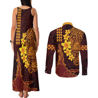 Hawaii Volcano Couples Matching Tank Maxi Dress and Long Sleeve Button Shirt Polynesian and Kakau Pattern