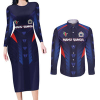 Custom Rugby Samoa Couples Matching Long Sleeve Bodycon Dress and Long Sleeve Button Shirt Siva Tau Spirit Sporty Vibes - Polynesian Pride