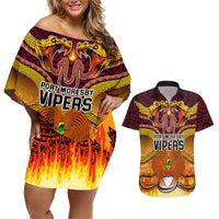 PNG Port Moresby Vipers Rugby Couples Matching Off Shoulder Short Dress and Hawaiian Shirt Fire Vipers Mix PNG Bird Polynesian Tattoo LT03 Yellow - Polynesian Pride