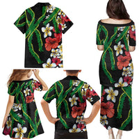Hawaiian Tropical Flowers and Maile Pikake Family Matching Puletasi and Hawaiian Shirt Polynesian Tribal Pattern Black Color