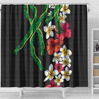 Hawaiian Tropical Flowers and Maile Pikake Shower Curtain Polynesian Tribal Pattern Black Color