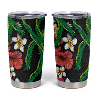 Hawaiian Tropical Flowers and Maile Pikake Tumbler Cup Polynesian Tribal Pattern Black Color