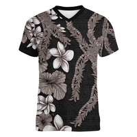 Hawaiian Tropical Flowers and Maile Pikake Women V-Neck T-Shirt Polynesian Tribal Pattern Grayscale Mode