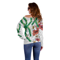 Hawaiian Tropical Flowers and Maile Pikake Off Shoulder Sweater Polynesian Tribal Pattern White Color