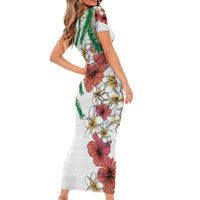 Hawaiian Tropical Flowers and Maile Pikake Short Sleeve Bodycon Dress Polynesian Tribal Pattern White Color LT03 - Polynesian Pride