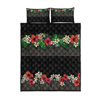 Hawaiian Tropical Flowers and Tribal Polynesian Tattoo Quilt Bed Set Black Color