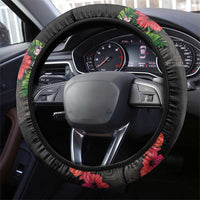 Hawaiian Tropical Flowers and Tribal Polynesian Tattoo Steering Wheel Cover Black Color