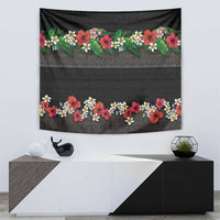Hawaiian Tropical Flowers and Tribal Polynesian Tattoo Tapestry Black Color