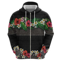 Hawaiian Tropical Flowers and Tribal Polynesian Tattoo Zip Hoodie Black Color LT03 - Polynesian Pride