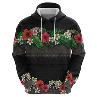 Hawaiian Tropical Flowers and Tribal Polynesian Tattoo Zip Hoodie Black Color LT03 - Polynesian Pride