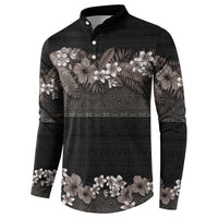 Hawaiian Tropical Flowers and Tribal Polynesian Tattoo Button Sweatshirt Grayscale Mode