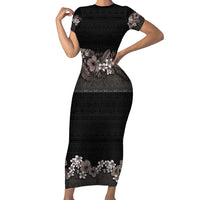 Hawaiian Tropical Flowers and Tribal Polynesian Tattoo Short Sleeve Bodycon Dress Grayscale Mode LT03 Long Dress Black - Polynesian Pride