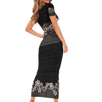 Hawaiian Tropical Flowers and Tribal Polynesian Tattoo Short Sleeve Bodycon Dress Grayscale Mode LT03 - Polynesian Pride