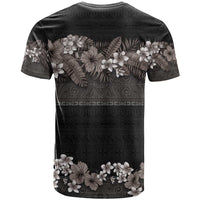 Hawaiian Tropical Flowers and Tribal Polynesian Tattoo T Shirt Grayscale Mode